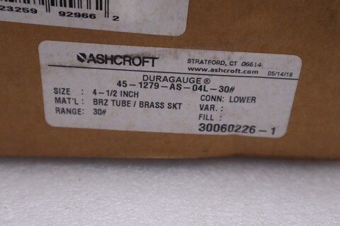 Ashcroft 45-1279-as-04l-30 pressure gauge - new in box - stock gf1284