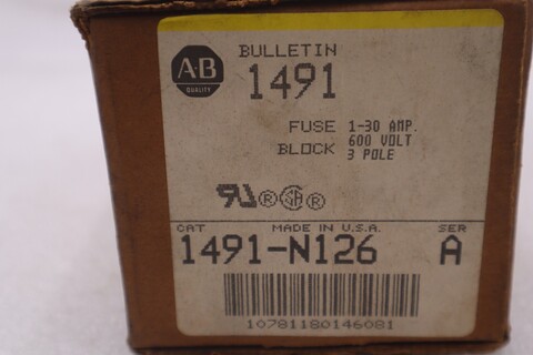 NOB Allen-Bradley Bradley 1491-N126 SER A Fuse Block 1-30 Amp 600V 3 Pole AB STK K-3075