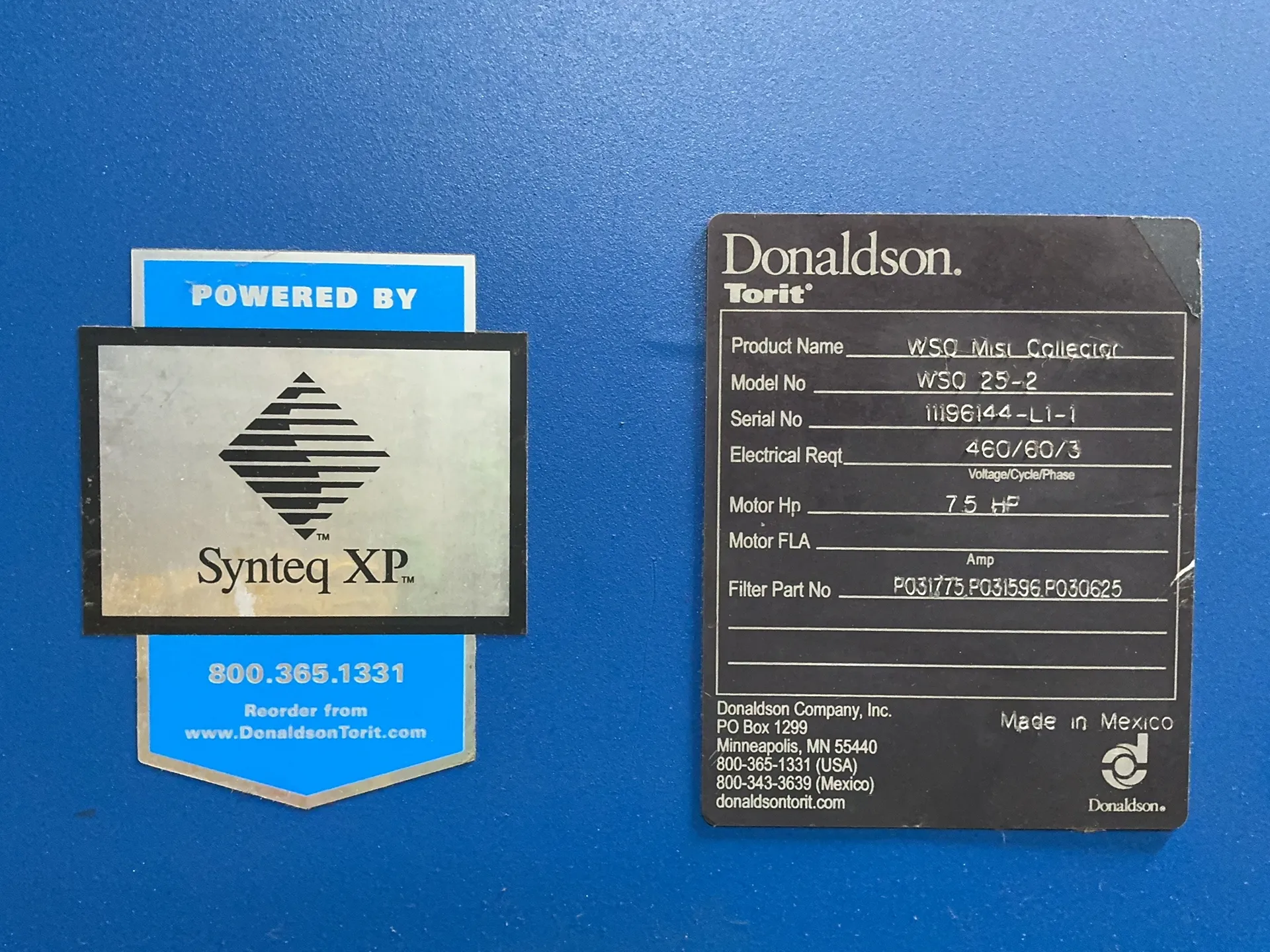 Donaldson Torit #WSO-25-2, mist collector, 7.5 HP, 200 PSI.