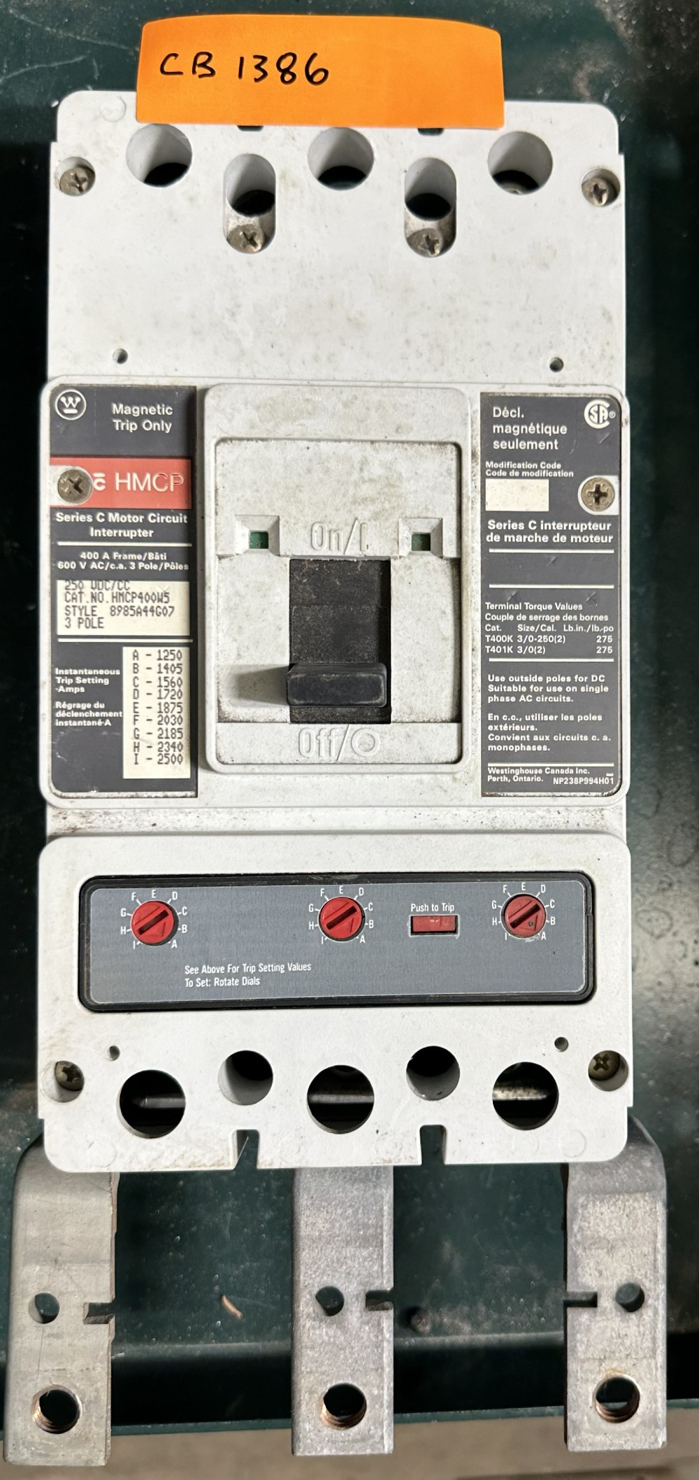 400 Amps, Westinghouse, Series C, Molded Case Circuit Breaker, 3-Pole, 600V Max., Magnetic Trip Only