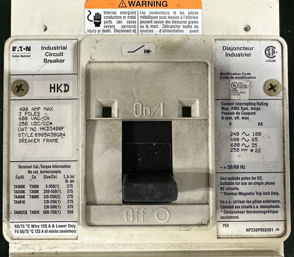 225 Amps, Eaton / Cutler-Hammer, Molded Case Circuit Breaker, 3-Pole, 600V Max., Adjustable Thermal Magnetic