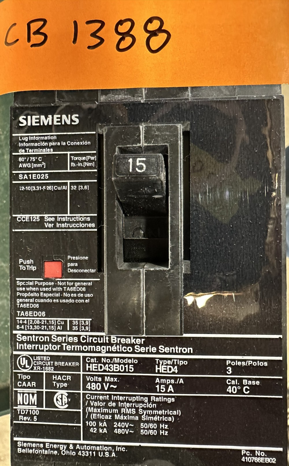15 Amps, Siemens, Sentron, Molded Case Circuit Breaker, 3-Pole, 480V Max., Fixed Trip