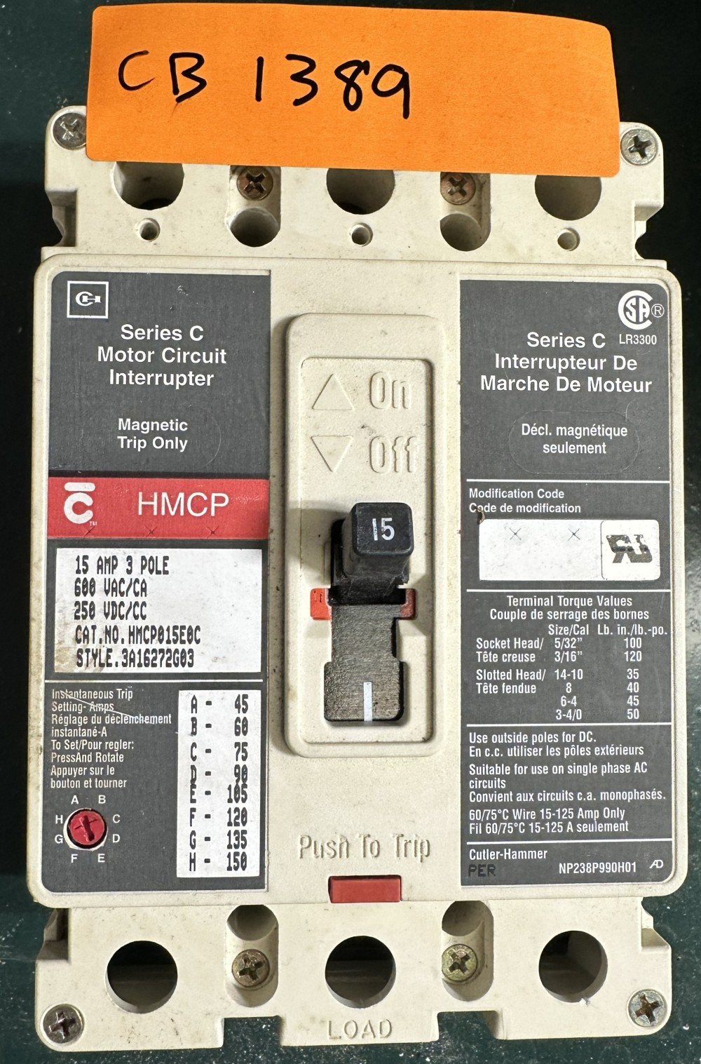 15 Amps, Cutler Hammer, Series C, Molded Case Circuit Breaker, 3-Pole, 600V Max., Magnetic Trip Only