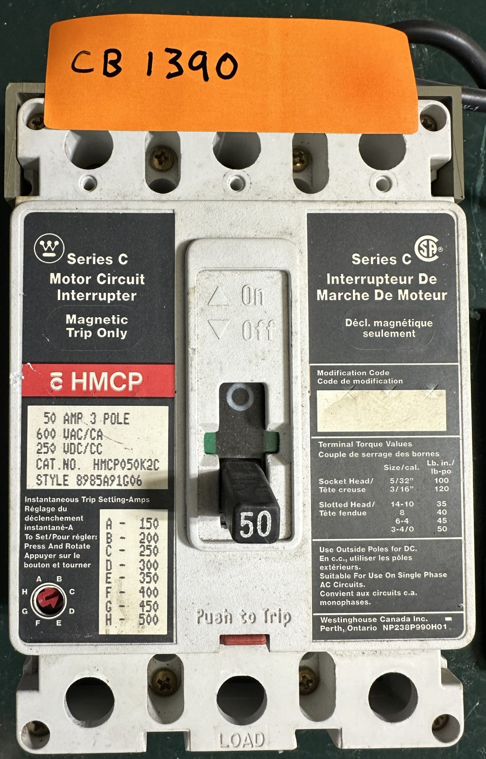 50 Amps, Westinghouse, Series C, Molded Case Circuit Breaker, 3-Pole, 600V Max., Magnetic Trip Only, Adj.