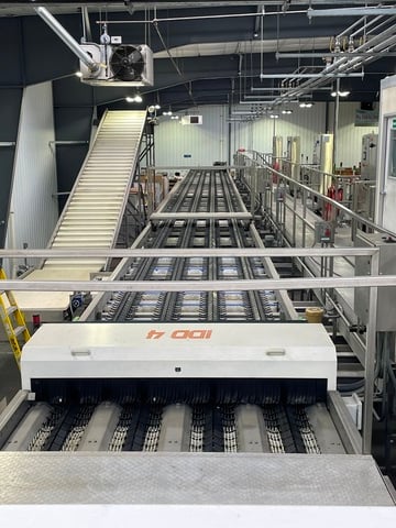 Produce Washing/Optical Sorting & Grading System, bin dumping tank, roller & brush sections, overhead fan