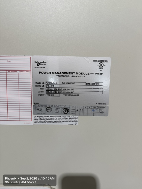 150 KVA Schneider Electric APC #PMN084-42-150, PMM2 Power Management Module, 480 Volts to 208 Volts, 180 amp