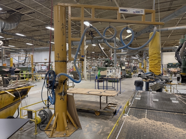 500 lb. Anver, Vacuum Lift, w/ Spanco jib crane, (2) 16" x 6" vacuum pods on 24" rail, 7' max. lift, 10' max.