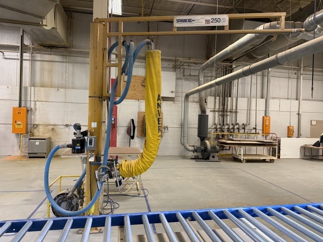 250 lb. Spanco/Anver, Vacuum Lift, 9' gantry, (2) vacuum cup lifting assembly, 5.5 KW vacuum pump