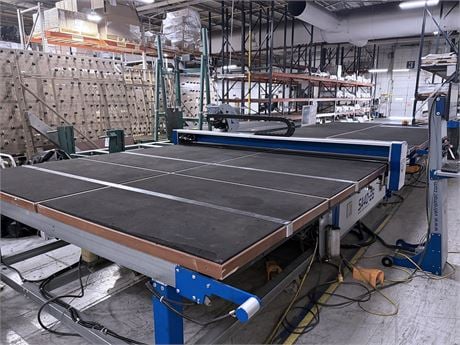 Vetromac #SA-40-26, automatic float glass cutting table, 157" x 102" max. glass, 3/4" thick, 656 FPM, air