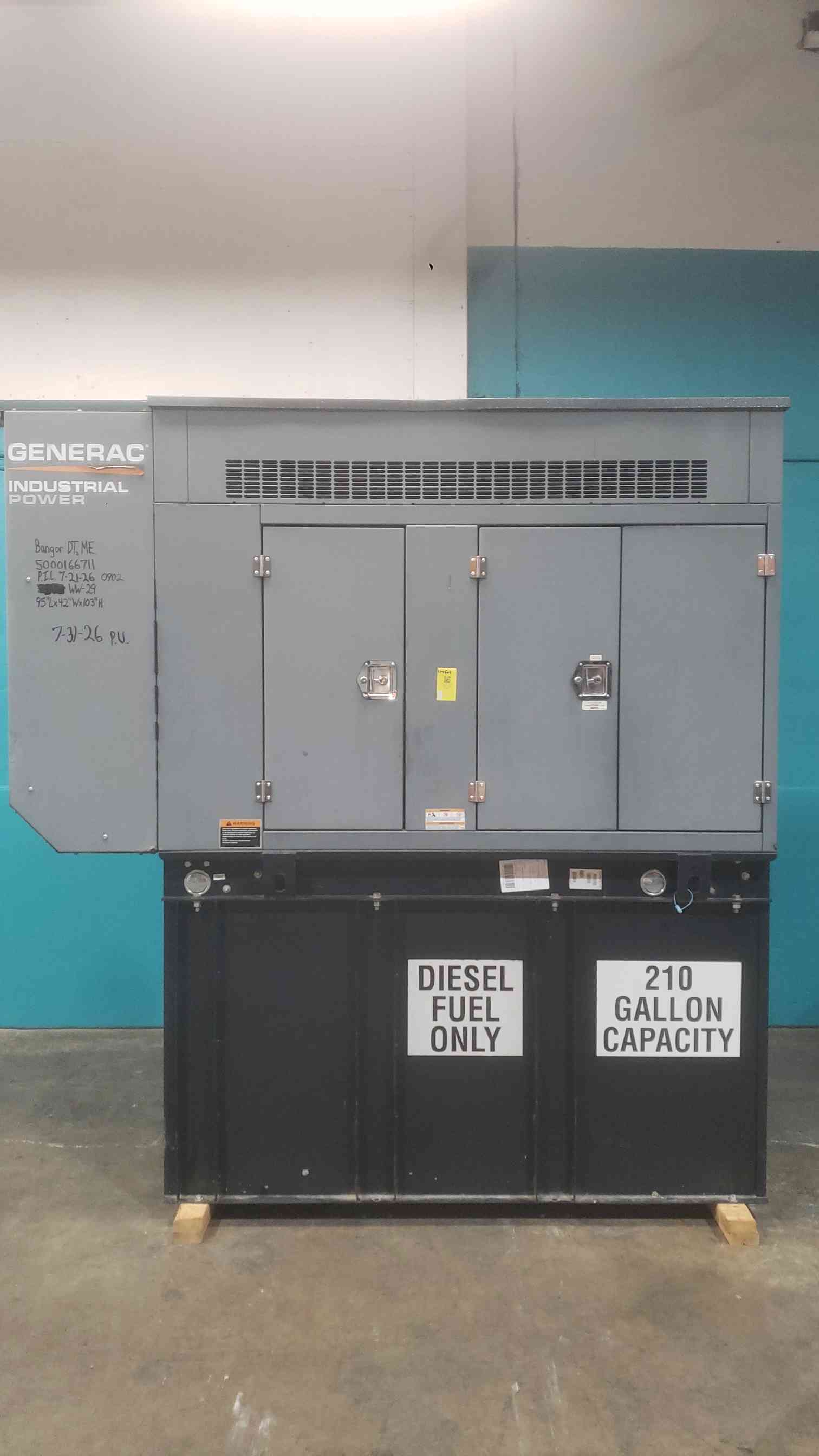 48 KW Generac #0062910, diesel generator set, 120/240 Volts, 1-phase, 200 Amps, 1800 RPM, 210 gal. fuel tank