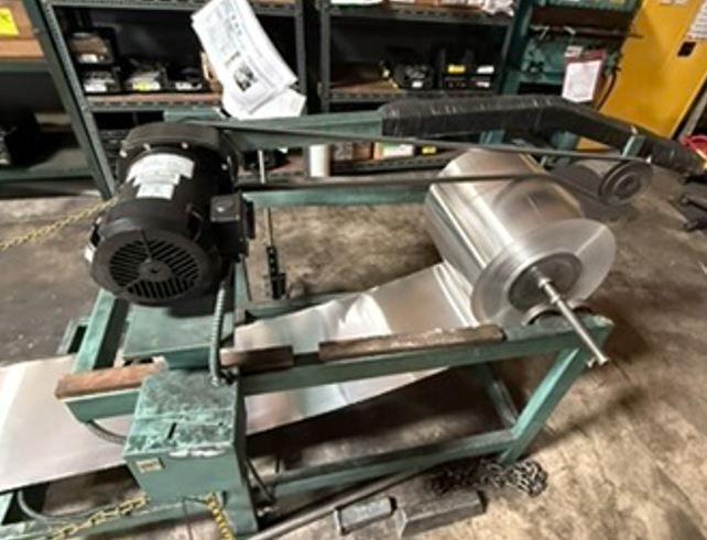 Motorized Decoiler Coil Feed Stand, powered roller feed, Dayton AC gearmotor drive, welded frame