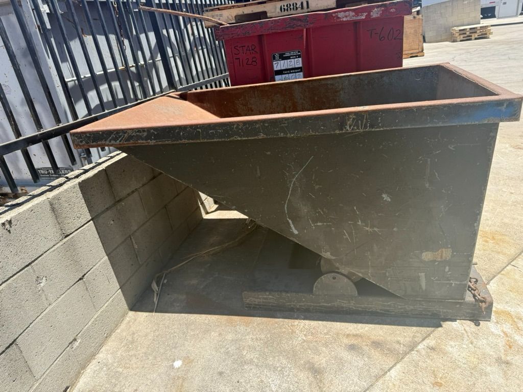 Steel Dump Hopper, approx. 71" L x 40" width x 51" deep, chain-latch tilt release, angled bottom, reinforced