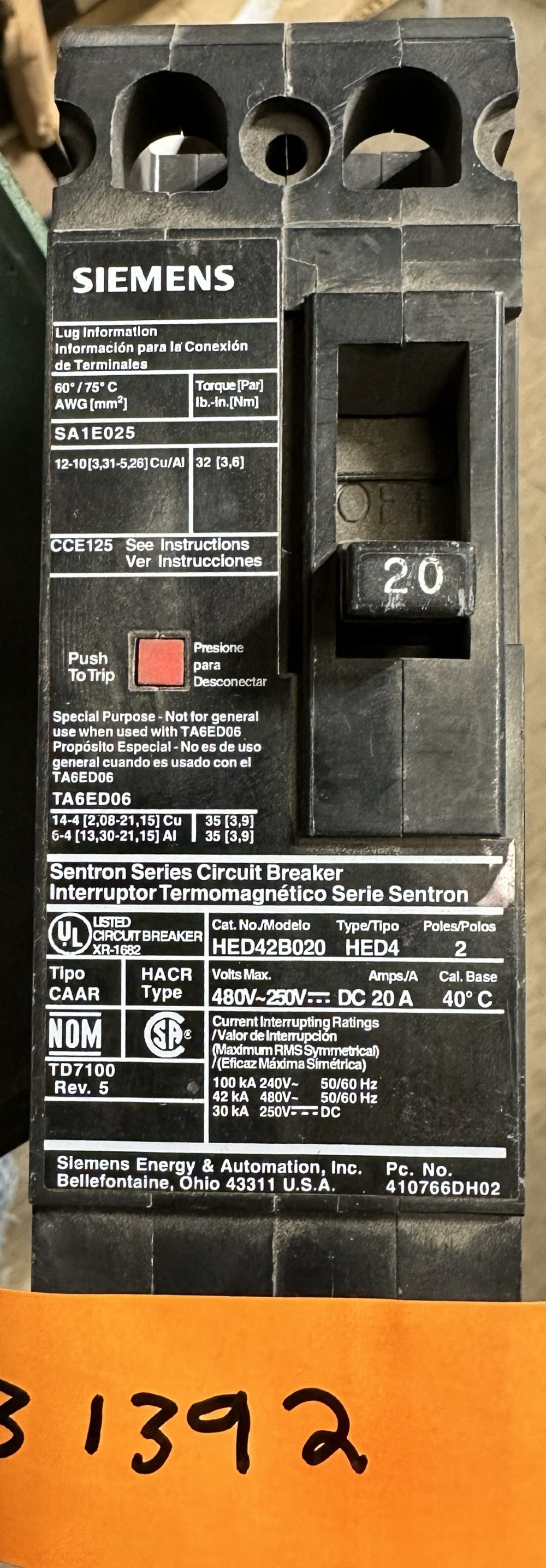 20 Amps, Siemens Sentron Series Sentron, Molded Case Circuit Breaker, 2-Pole, 20A, 480V Max., Fixed Trip