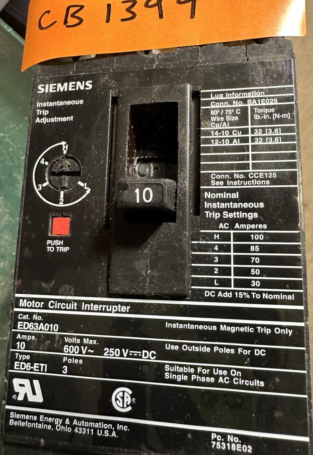 10 Amps, Siemens Sentron Series Sentron, Motor Circuit Interrupter, 3-Pole, 600V Max., Fixed Trip