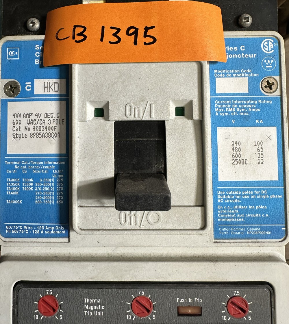 Cutler-Hammer, Series C, Molded-Case Circuit Breaker, 3-Pole, 175A, 600V Max., Adjustable Thermal Magnetic