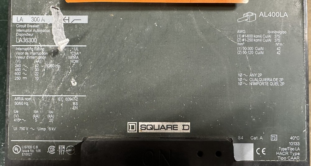 Square D, Molded Case Circuit Breaker, 3-Pole, 300A, 600V Max., Adjustable Magnetic Trip Only, 3000A - 6000A