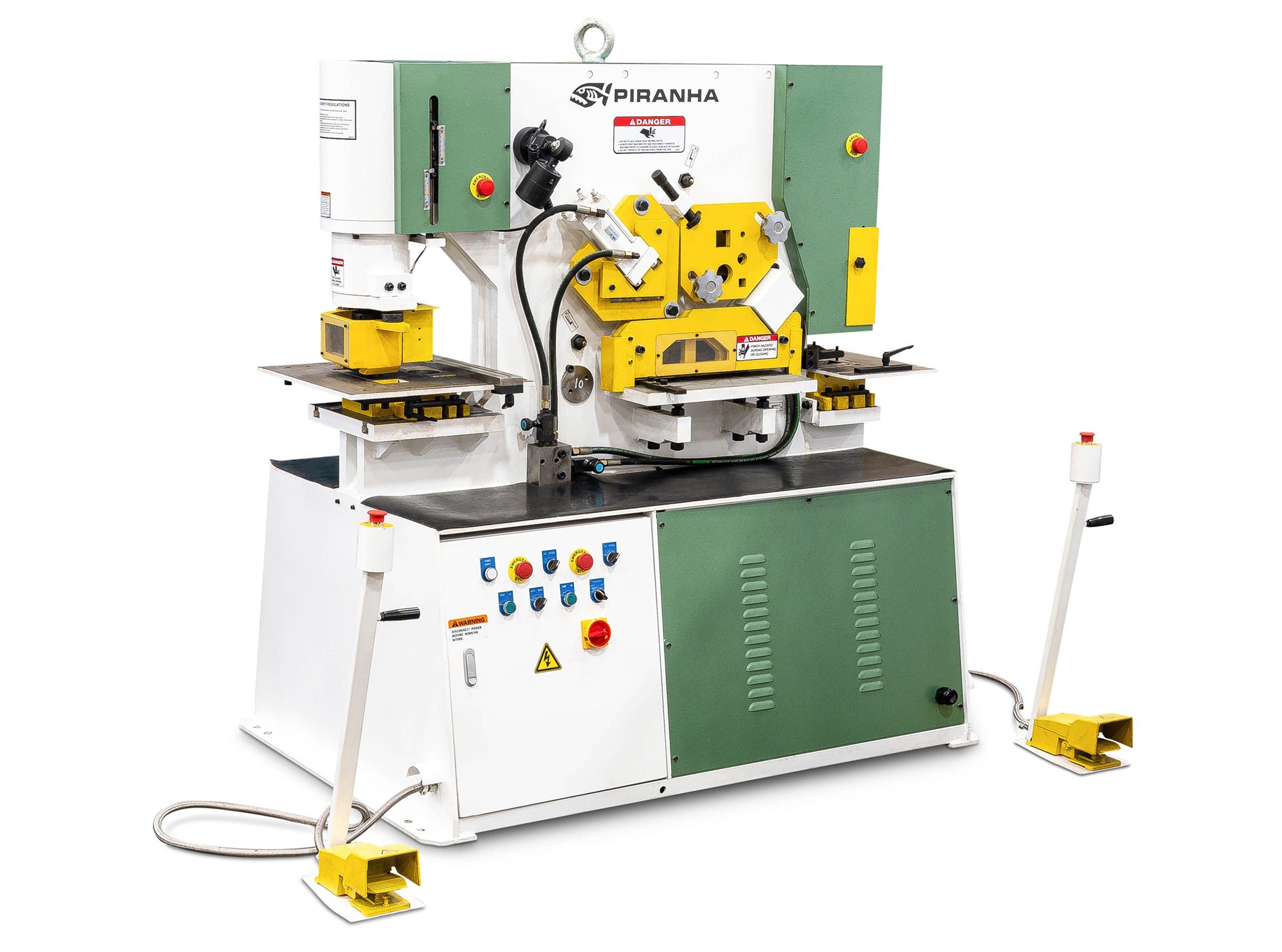 4-1/2" x 4-1/2" x 7/16" Piranha #BII66, hydraulic ironworker, 66 Ton, 5 stations, 1-1/16" x 3/4" punch