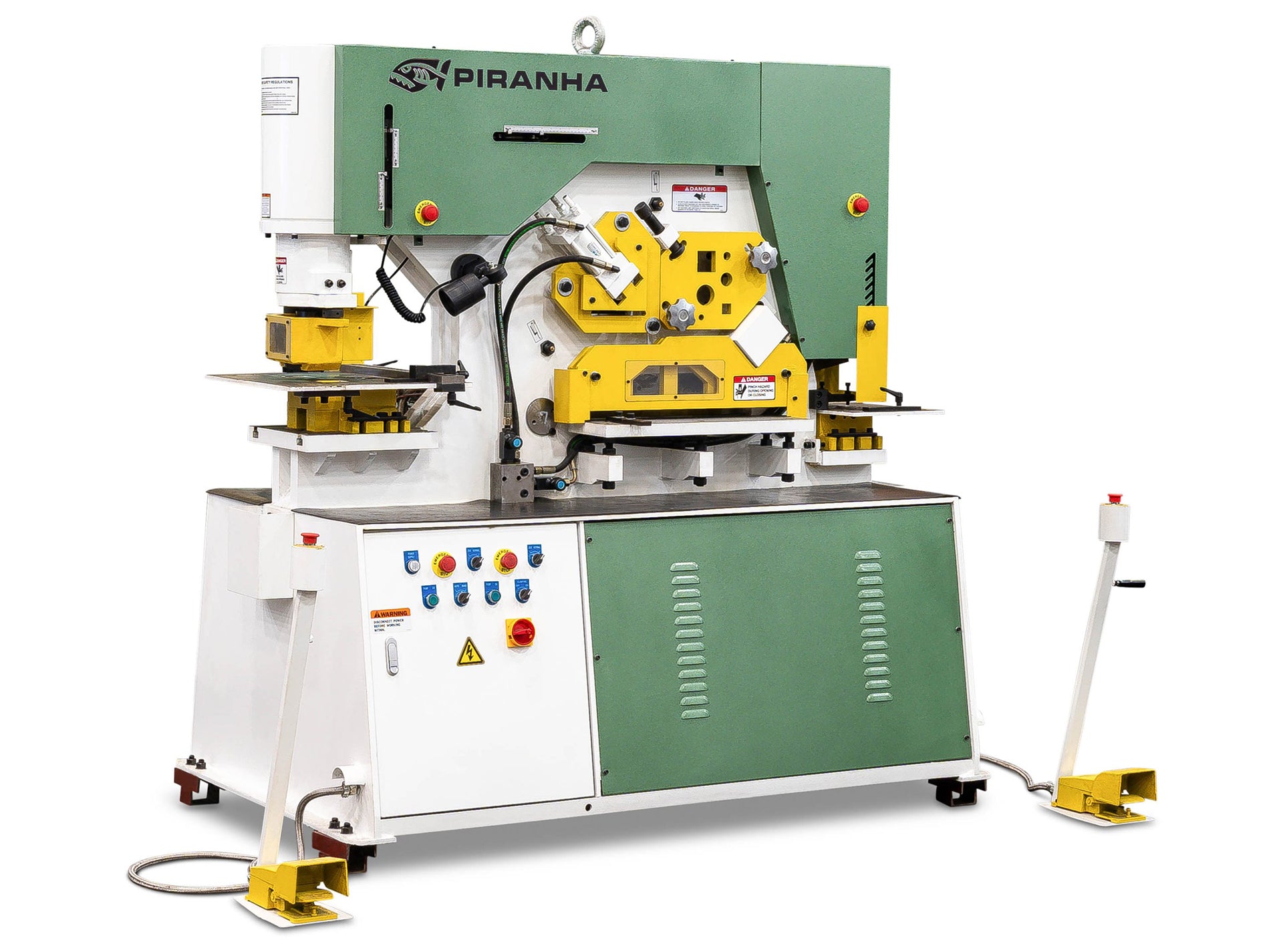 5-1/2" x 5-1/2" x 7/16" Piranha #BII88, hydraulic ironworker, 88 Ton, 5 stations, 1-1/16" x 2" punch, 18-1/2"