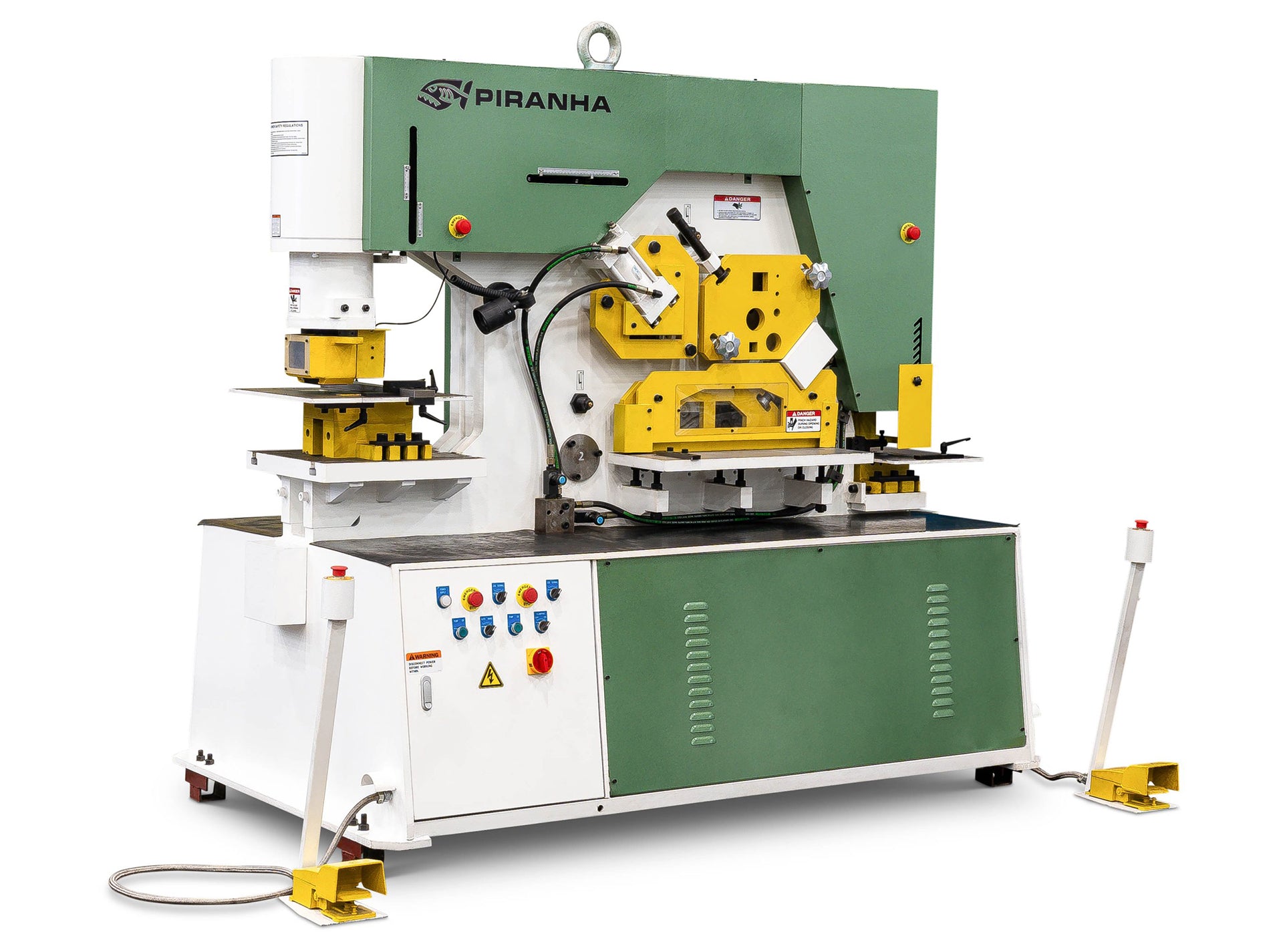 6-1/4" x 6-1/4" x 5/8" Piranha #BII132, hydraulic ironworker, 132 Ton, 5 stations, 1-1/2" x 1" punch, 18-1/2"