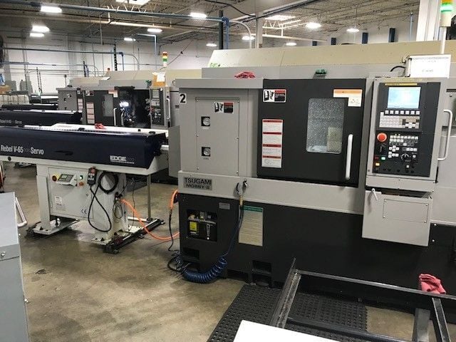 Tsugami #M08SY, CNC lathe, 8" chuck, 2.5" bar, 11" diameter, 14.96" length, 4500 RPM, 14.8 HP, 12 turret