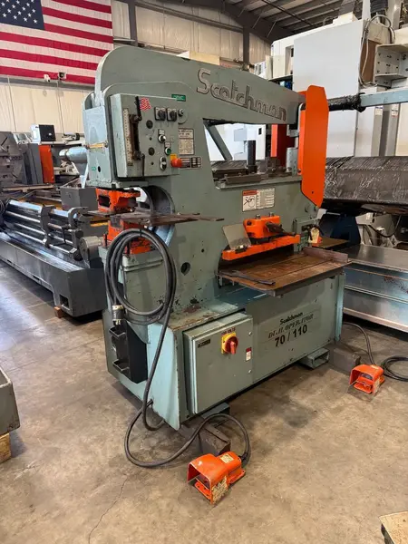 70 Ton, Scotchman #DO70/110-24M, hydraulic ironworker, 1-1/8" punch in 3/4", 9" throat, 24" flat bar shear