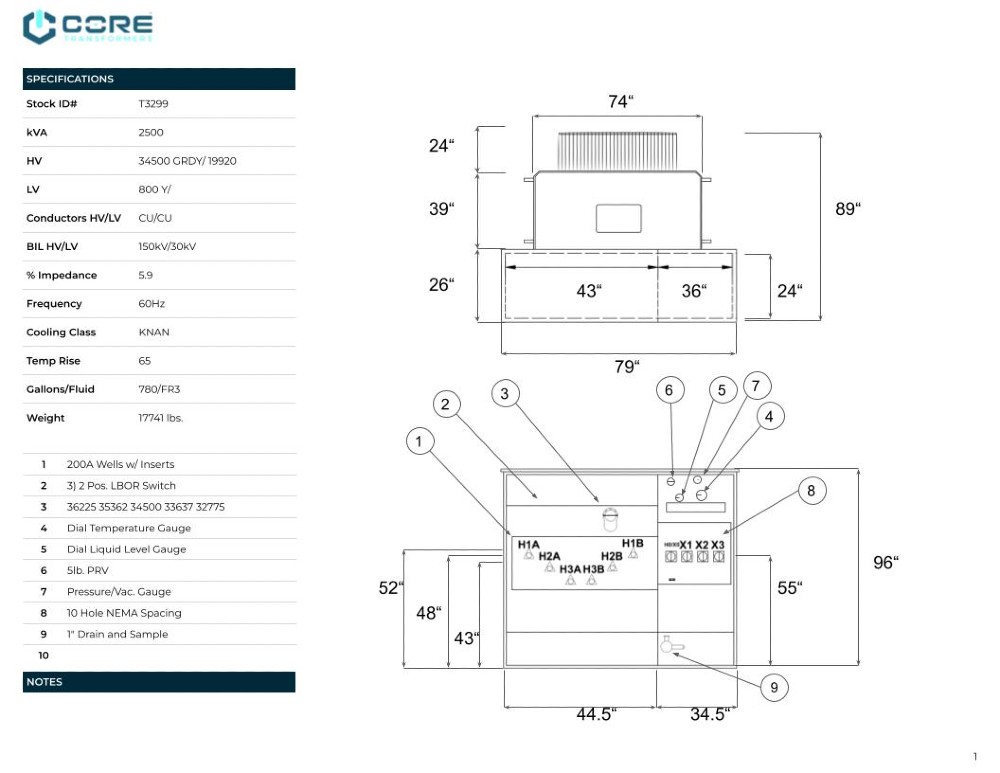 2500 kVA 34500GrdY/19920 Primary, 800Y Secndary, PAD, UNUSED(2 available, shipment available in 10 days)