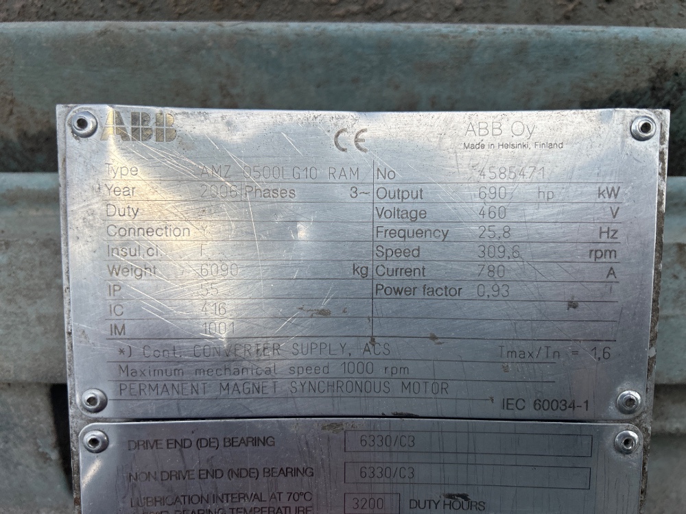 Motor síncrono de imán permanente ABB, 690 HP, 309.6 RPM, Frame 0500LG10, TEFC, 460 Voltios, 25.8 Hz, 0.93