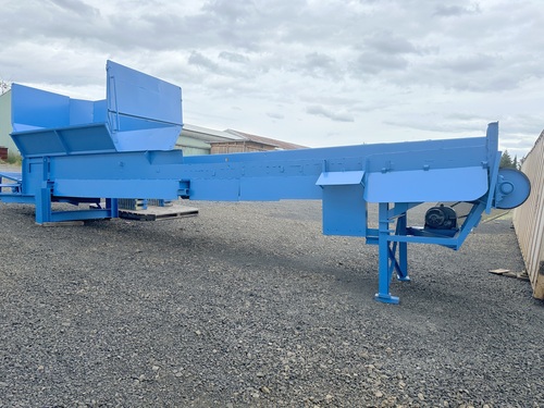 48" wide x 31' long, Belt Conveyor, lagged head pulley, wing tail pulley, gear motor, hopper attached