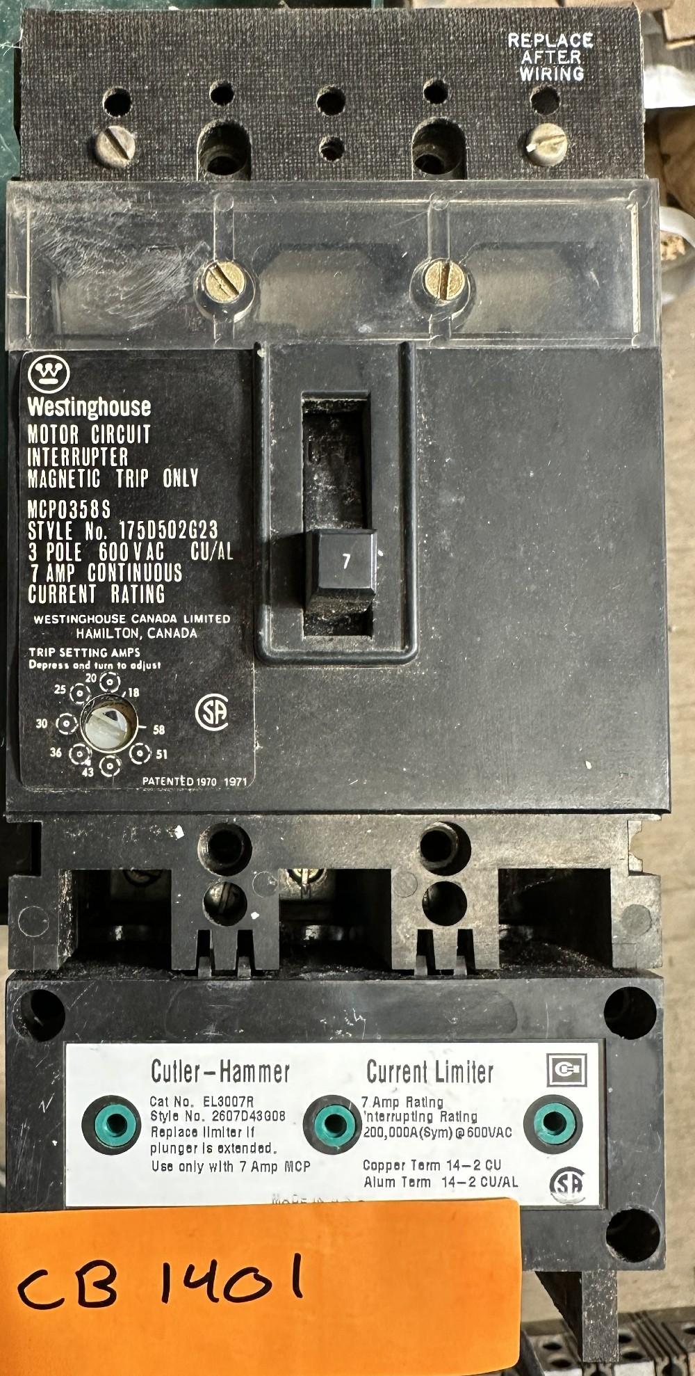 Westinghouse, Motor Circuit Interrupter, 3-Pole, 600 VAC Max., Magnetic Trip Only, Adjustable Trip 18A-58A