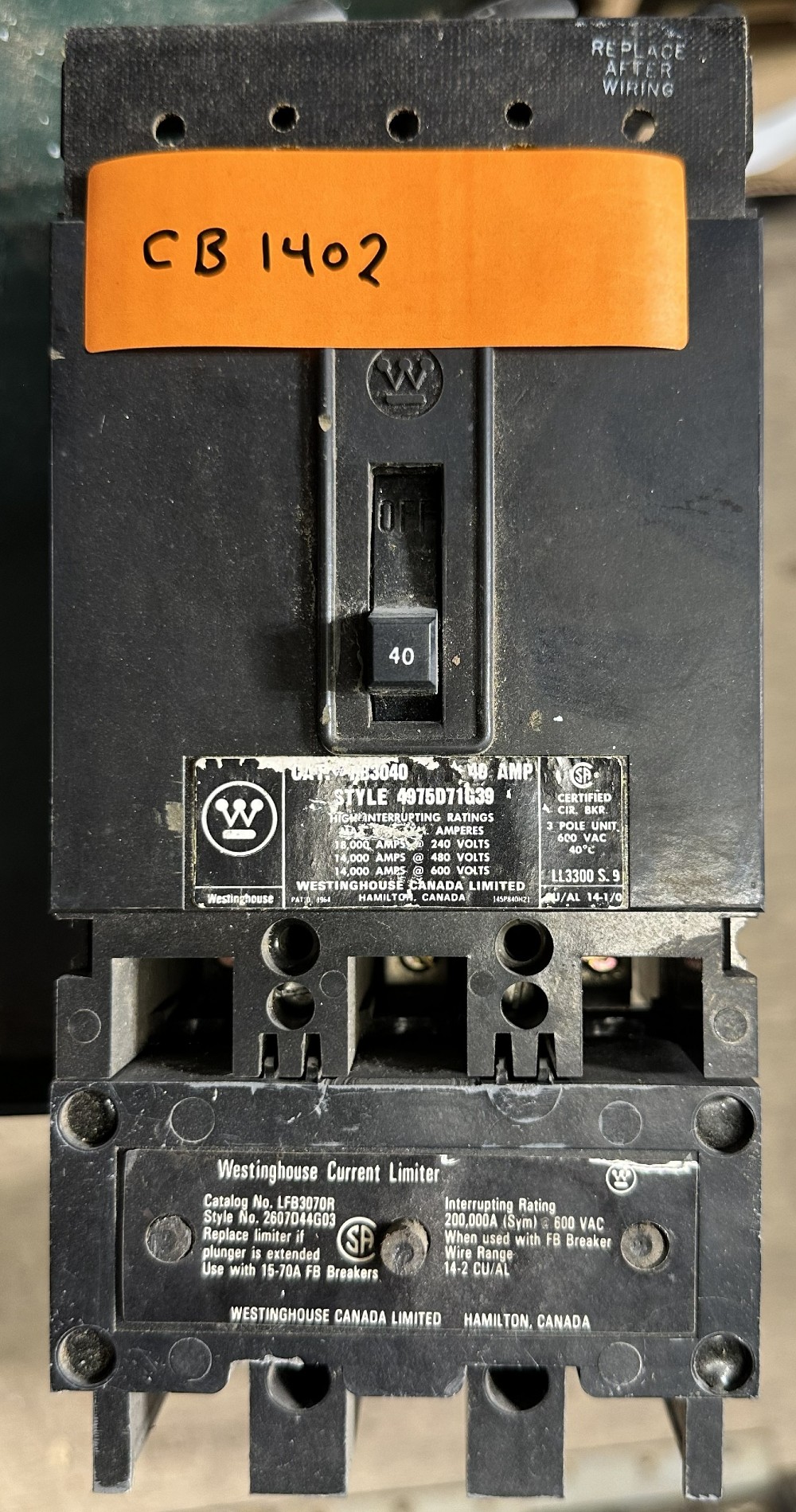 40 Amps, Westinghouse, Molded Case Circuit Breaker, 3-Pole, 600 VAC Max., Non-Adjustable / Fixed Trip