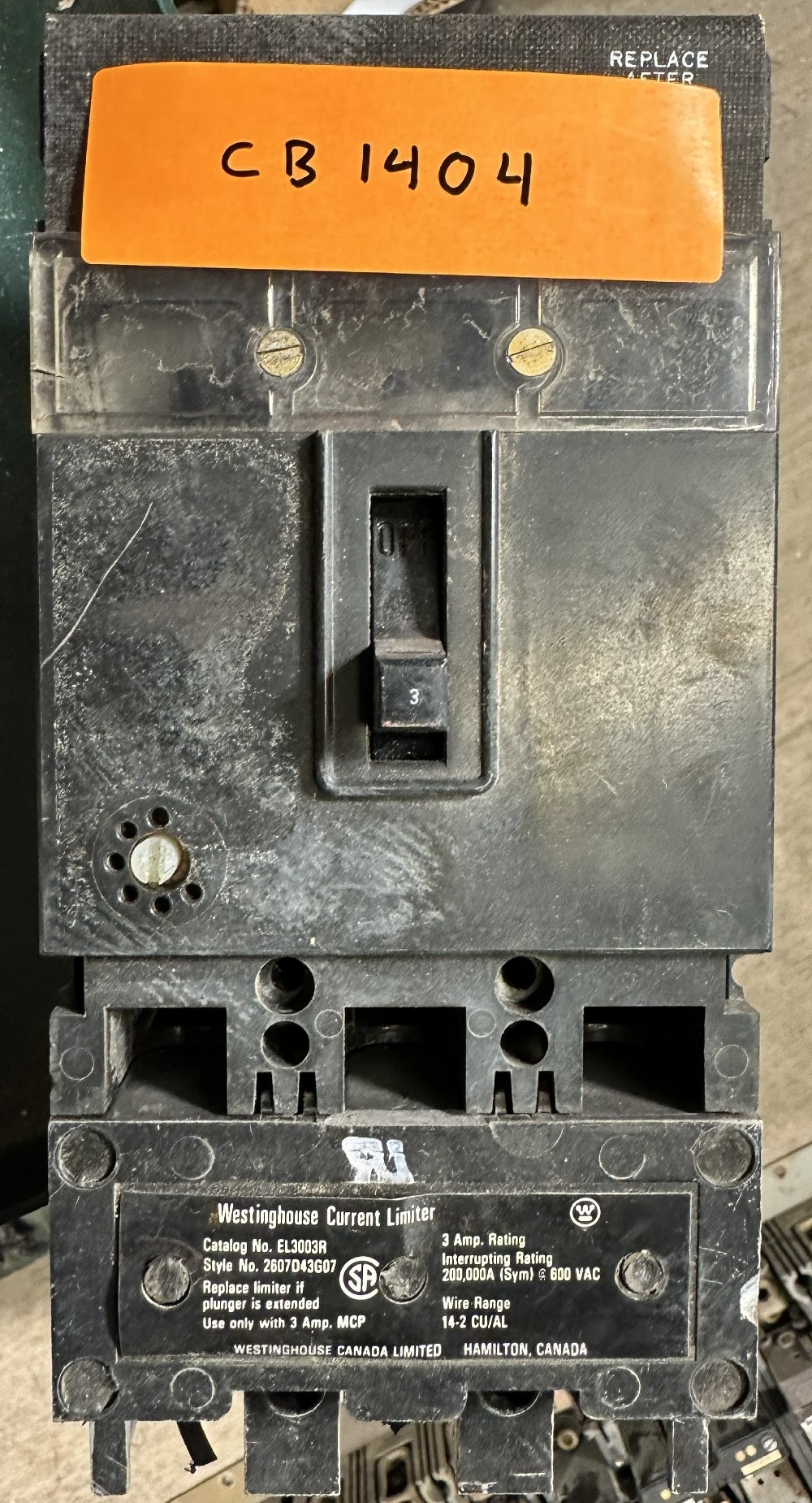 3 Amps, Westinghouse, Molded Case Circuit Breaker, 3-Pole, 600 VAC Max., Magnetic Trip Only, Incl. Current