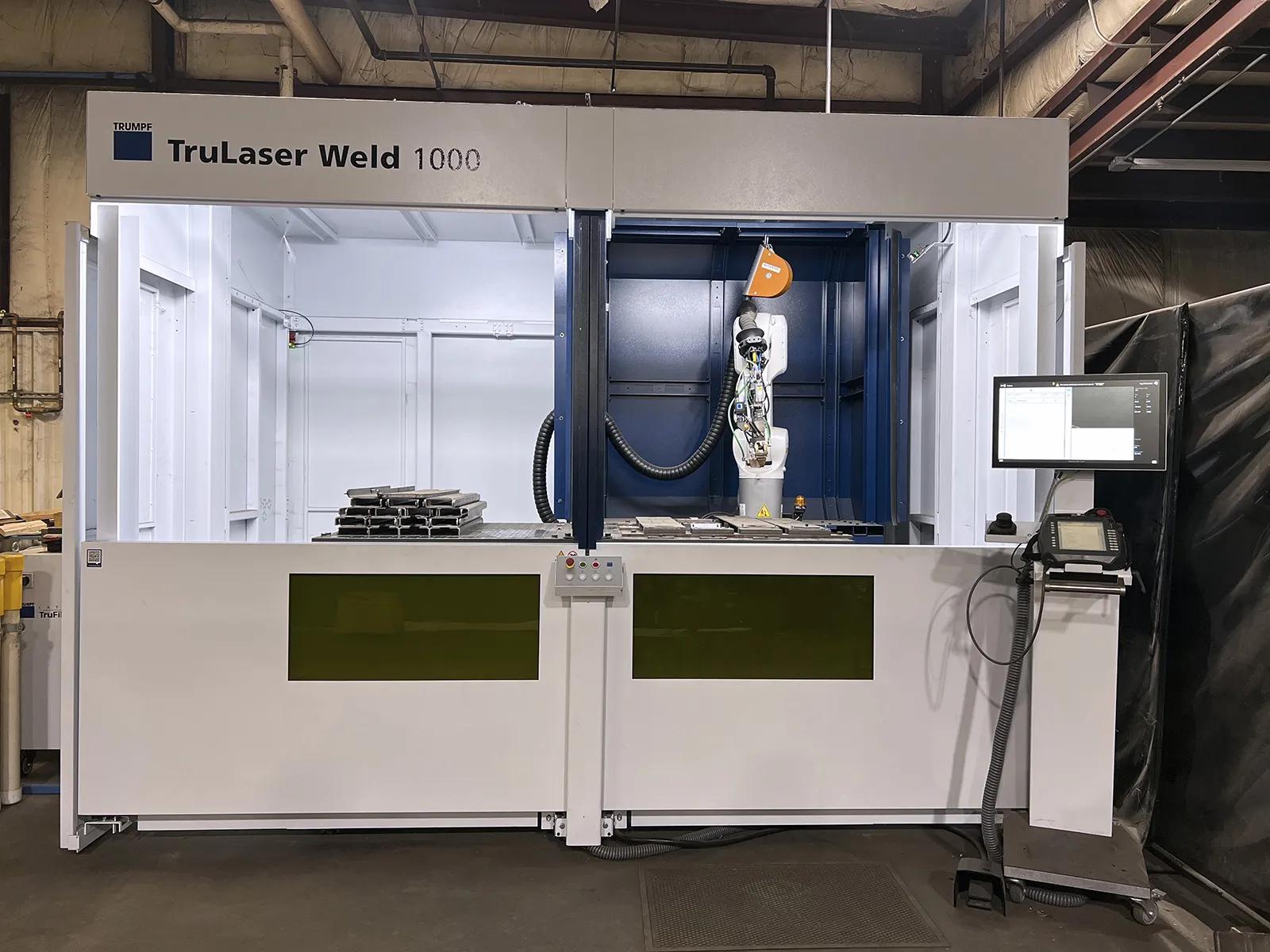 Trumpf #TruLaser-Weld-1000, robotic laser welding cell, 3 kW fiber laser, Kuka KR-10-R1100-2 6-axis robot