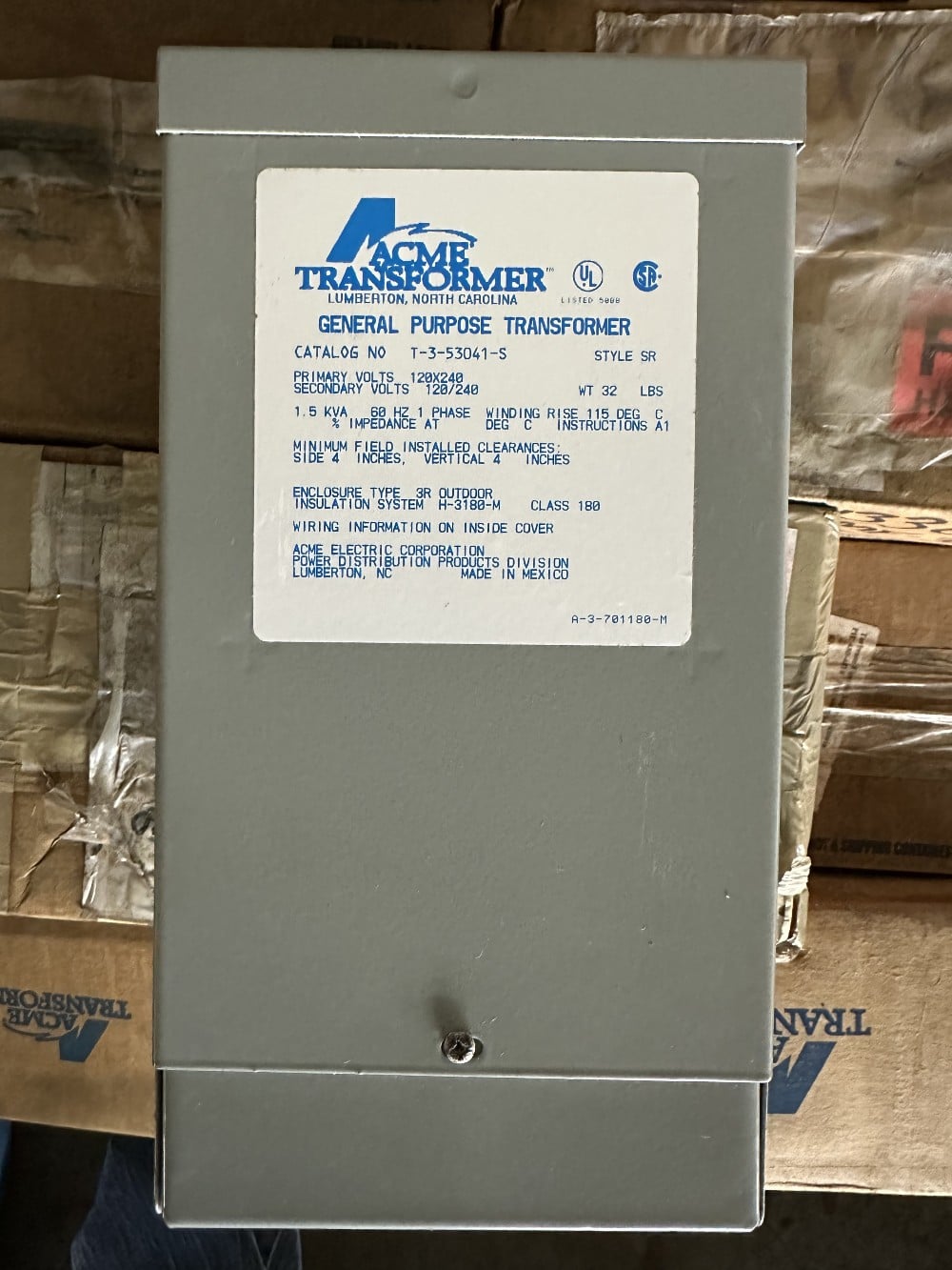 1.5 KVA 120/240 Primary, 120/240 Secondary, Acme Electric, Dry Distribution Transformer, Single-Phase, 60 Hz