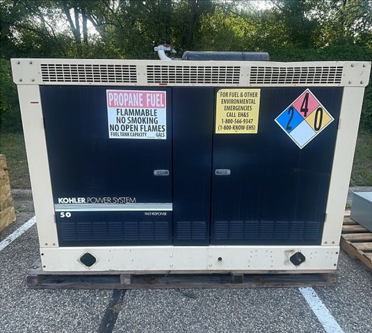 55 KW Kohler #50RZG, LP propane generator set, 120/240 Volts, 1 & 3 phase, enclosed, standby