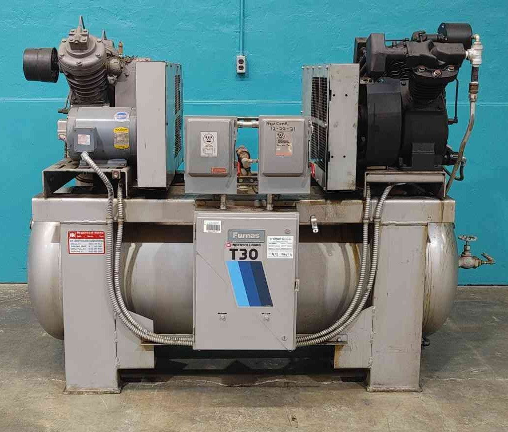 7.5 HP Ingersoll-Rand #T30, duplex air compressor, 7100 10D pump, tank mounted, 230/460 V., 3PH