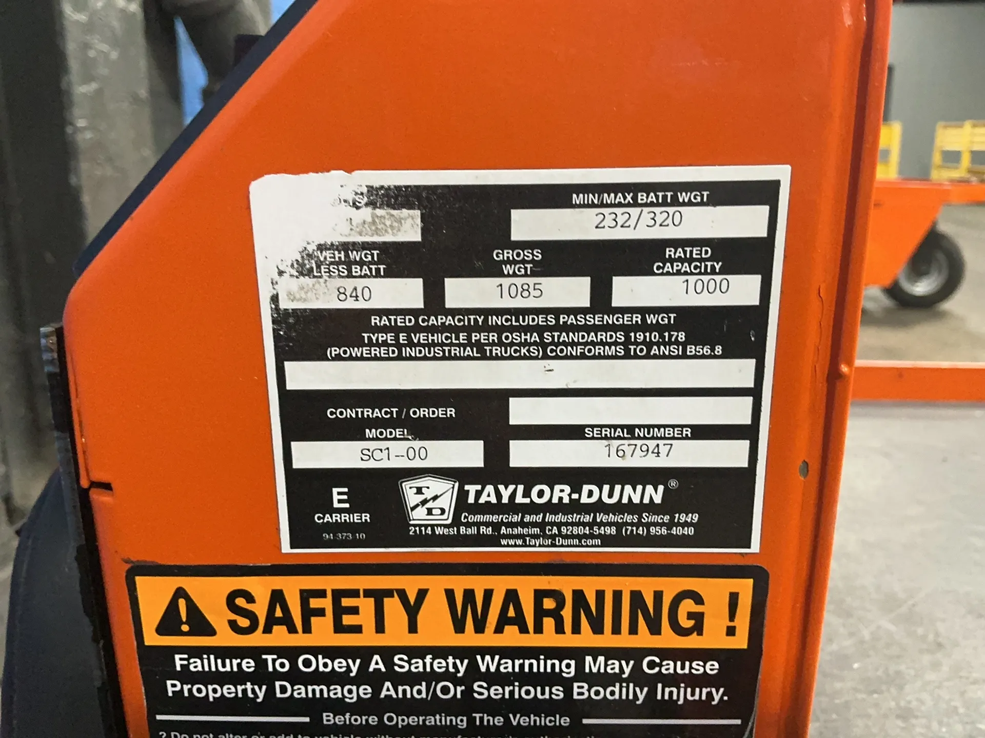1,000 lb. Taylor-Dunn #SC1-00, Electric Stock Chaser Cart, 30" x 59" bed, 24 V., key
