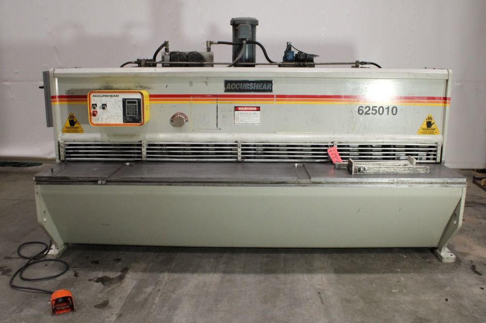 1/4" x 10' Accurshear #625010, Power Squaring Shear, 1" x 3" x 124" knife, 16 hold downs, 23 Ton hold down