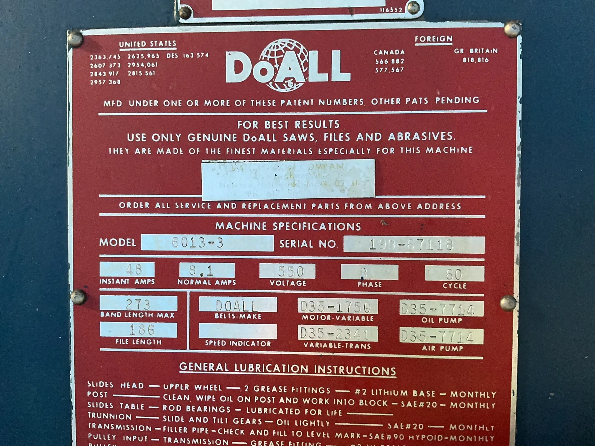 60" DoAll #6013-3, Contour Vertical Band Saw, 273" band length, 32" x 41" and 30.5" x 30.5" tables, DoAll
