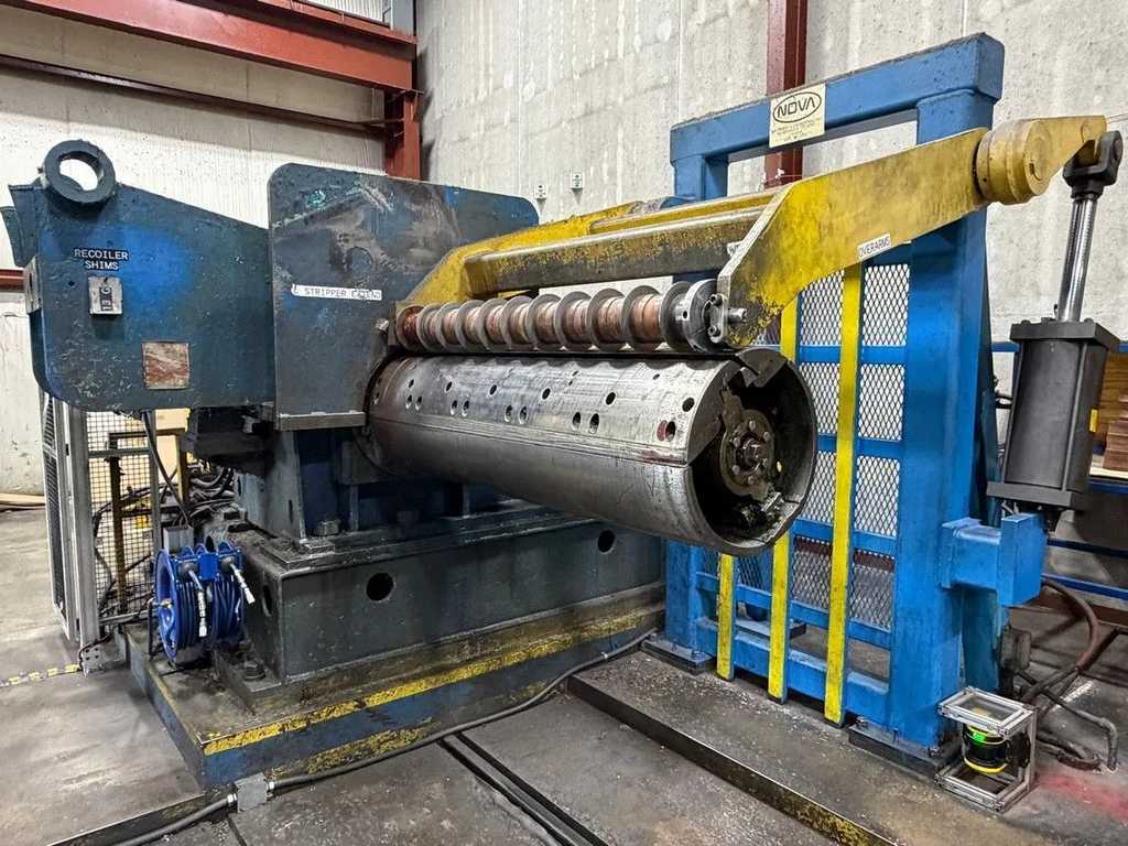 54" x 0.187" Loopco, slitting line, 40,000 lb., 20"-24" coil I.D., (2) slitter heads, 8" arbors, Nova tension