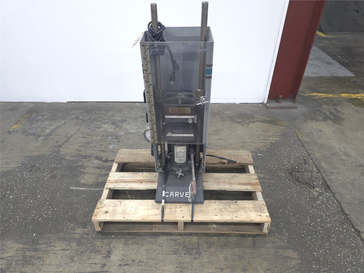12 Ton, Carver #C, heated lab press, 6" x 6" platens, 5.1" stroke, 18" daylight, 650°F max, 1.4 KW platen