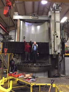 Gray vertical turret lathe, 100" chk, Fanuc OTC, 110" sw, 100" u/rail, chip conveyor, tool changer, 125 RPM