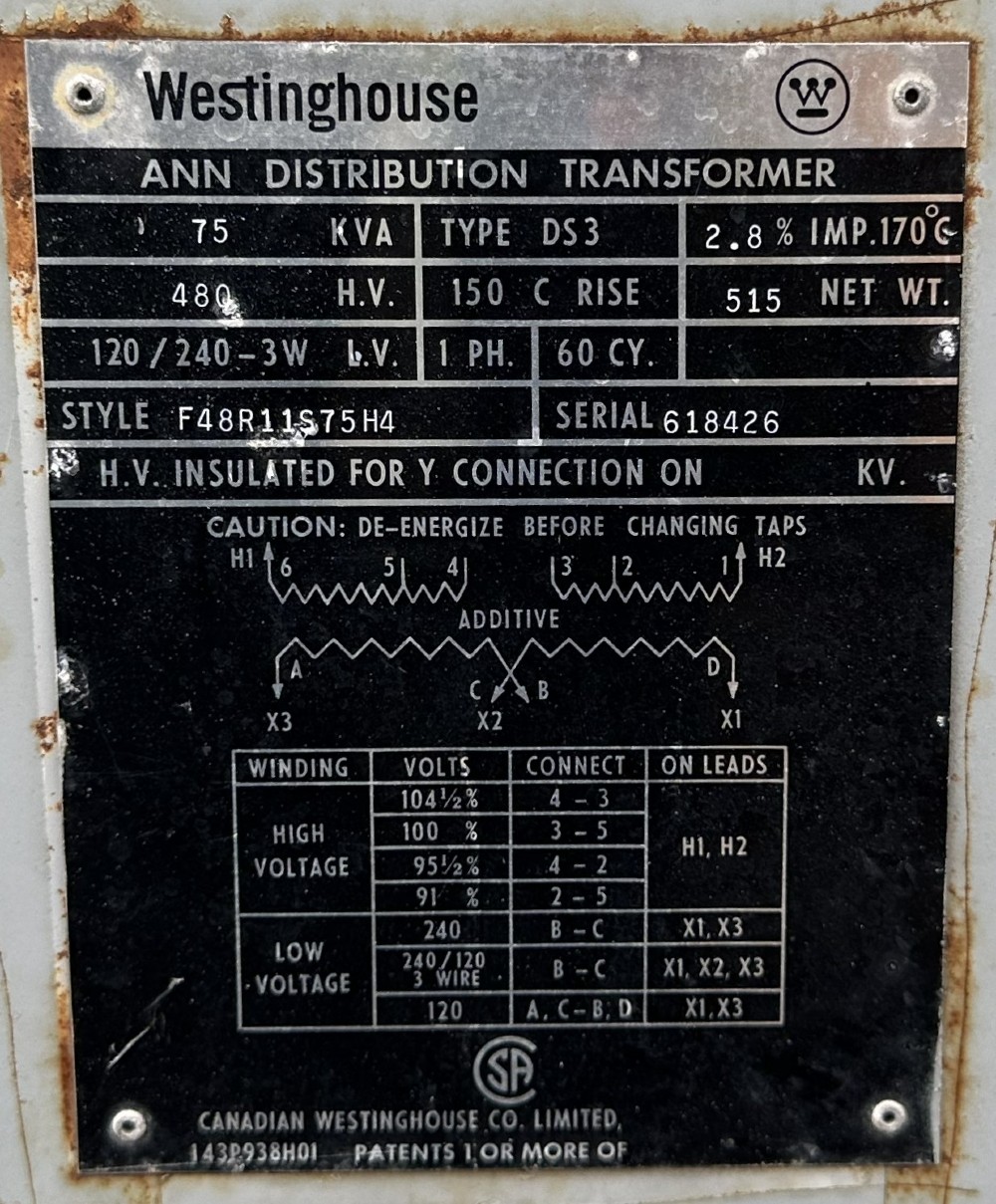 75 KVA 480 Primary, 120/240 Secondary, Westinghouse Canadian Canada Ltd., 3W, Isolation, Single-Phase
