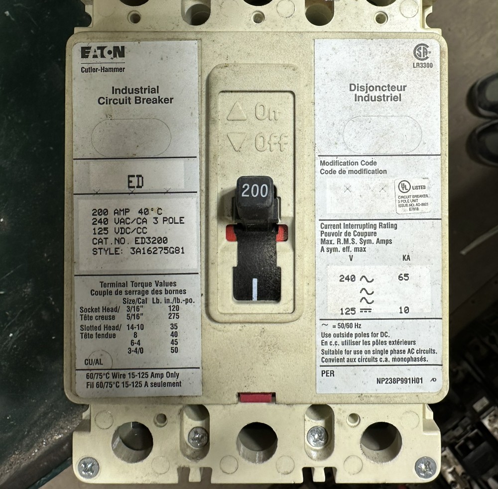 200 Amps, Eaton / Cutler-Hammer, 3-Pole, 240V Max., Fixed-Trip / Non-Adjustable, Molded-Case Circuit Breaker