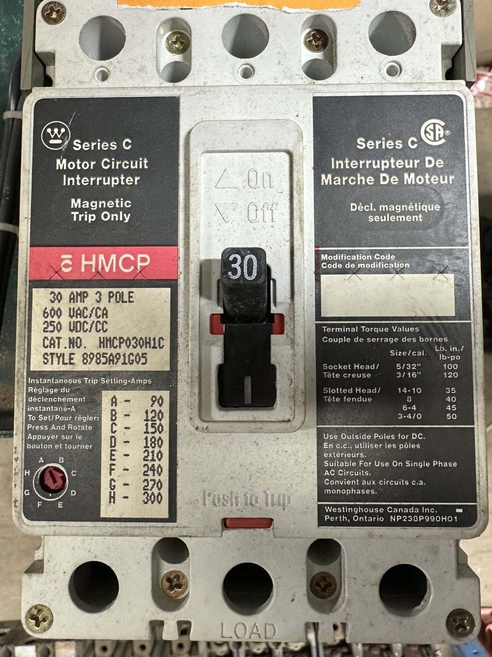 30 Amps, Westinghouse Canadian Canada, 3-Pole, 600V AC Max., 250 V DC Max., Magnetic Trip Only, Adj.