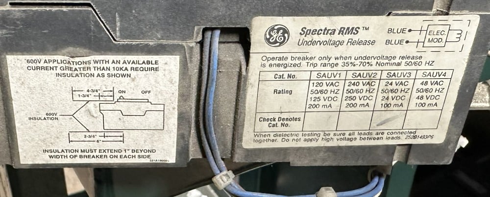 Ge Spectra, 3-Pole, 600V Max., 100A Frame, 80 A Rating Plug, Field-Adjustable Current LO 23 A to HI 193 A