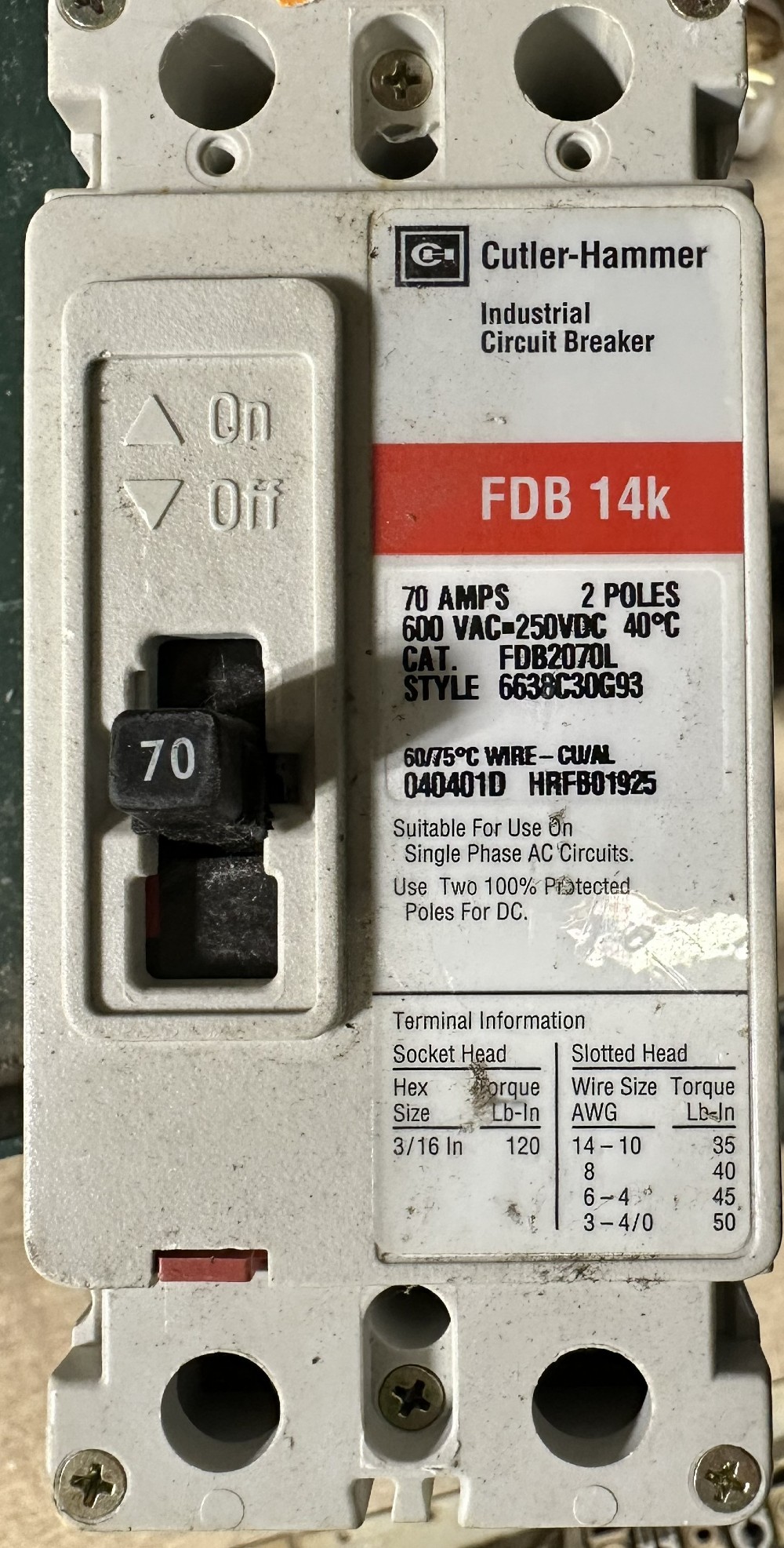Cutler-Hammer, 2-Pole, 600V AC Max. / 240V Max. DC, 70A, Fixed-Trip / Non-Adjustable, Molded-Case Circuit