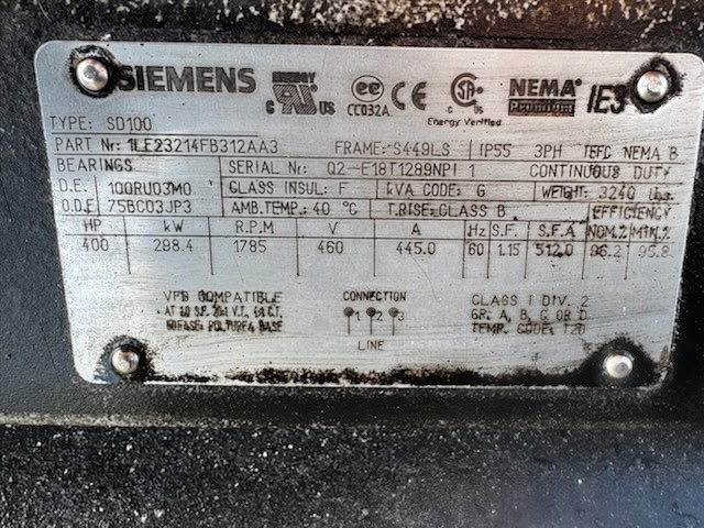 400 HP 1785 RPM Siemens, Frame S449LS, TEFC, 460 Volts