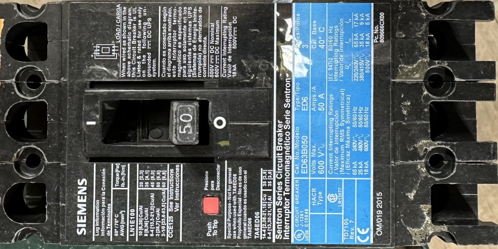 50 Amps, Siemens, Sentron, 3-Pole, Max. Voltage 600V, Fixed Thermal Magnetic-Trip, Non-Adjustable, Circuit