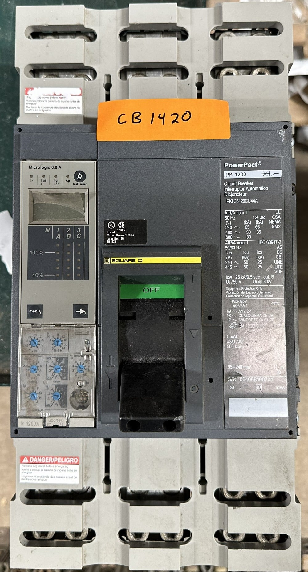 1200 Amps, Square D, PowerPact, Adjustable LSIG Circuit Breaker, 3-Pole, 600 V AC (Ui 750V), Incl. Aux.