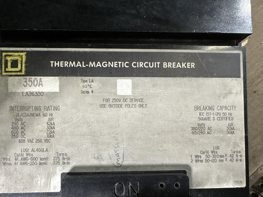 350 Amps, Square D Circuit Breaker, LA Series 4, 3-Pole, 600V Max., Thermal-Magnetic Adjustable Trip, 1750A